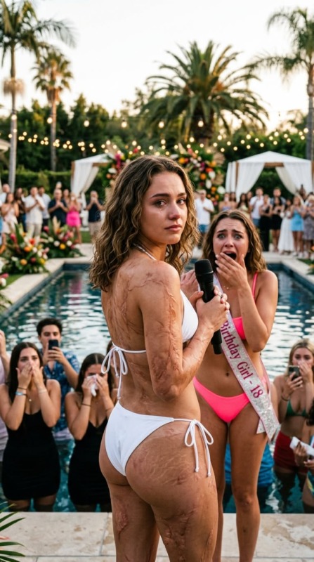 — Jsi monstrum. Nikdy se neodvážíš obléct si bikiny jako já, — posmívala se Chloé, než přiměla hosty skandovat: „Sundej to!“